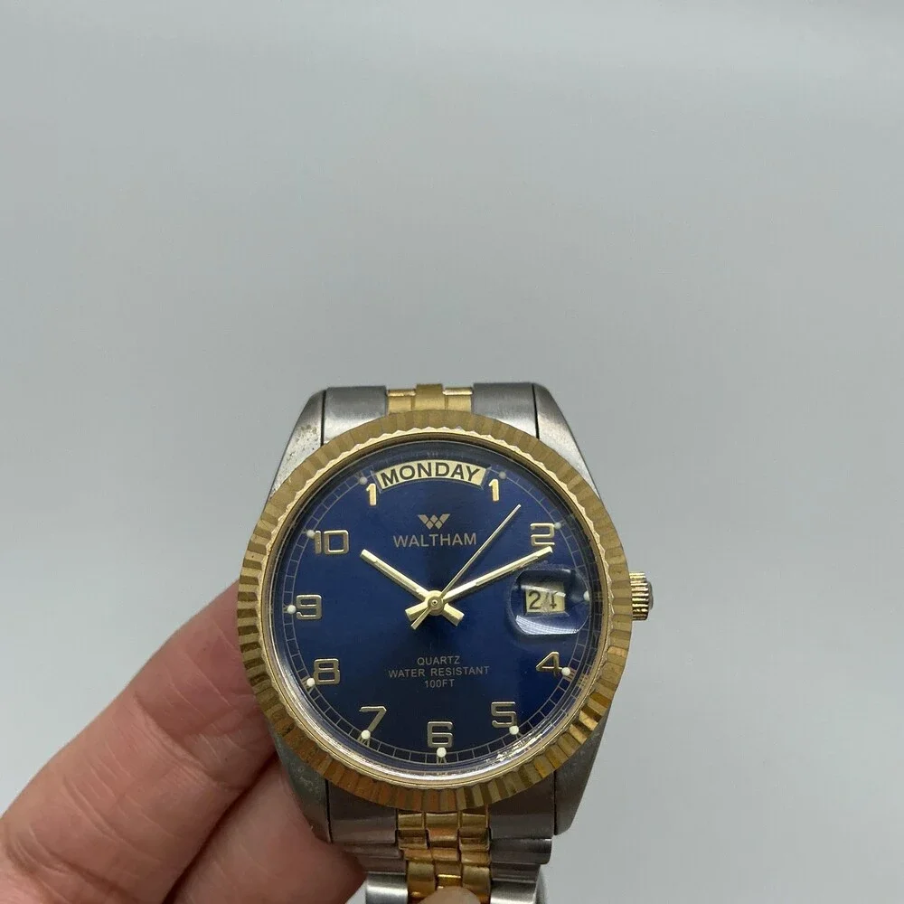 Waltham Mens Watch 36mm Blue Dial Two Tone Day Date New Battery 7